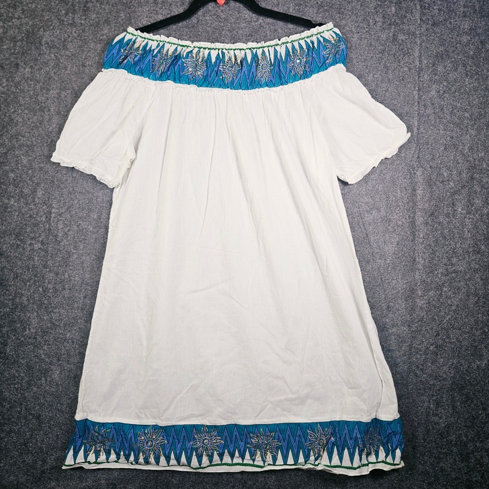 Womens White Cotton Off Shoulder Boho Embroidered Tunic Celestial Coastal Sz L
